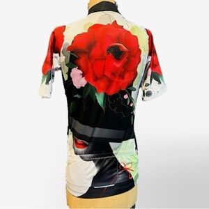 Cycling bicycle form fitting performance shirt back pocket reflective red floral